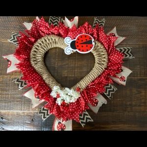 Lady Bug Heart Shape Jute Wreath ,Wood Bee Embellishment Summer Door Decor